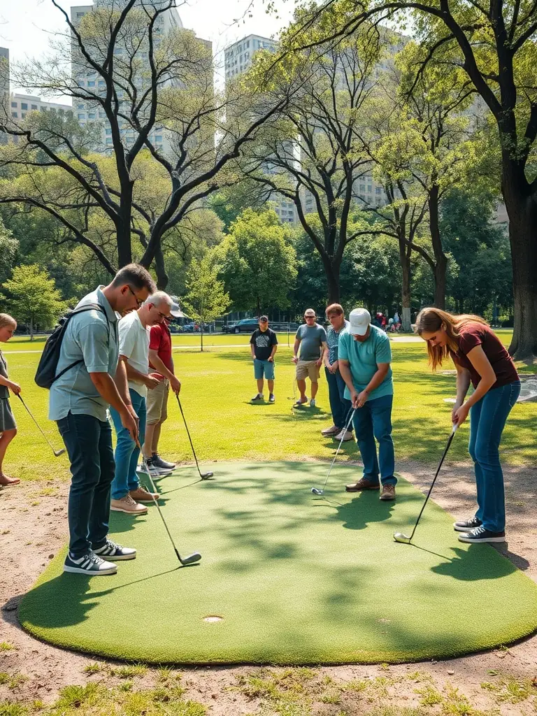 A vibrant photo of a street golf workshop in Ploufragan, France, showcasing participants of diverse ages learning putting techniques on an improvised green.