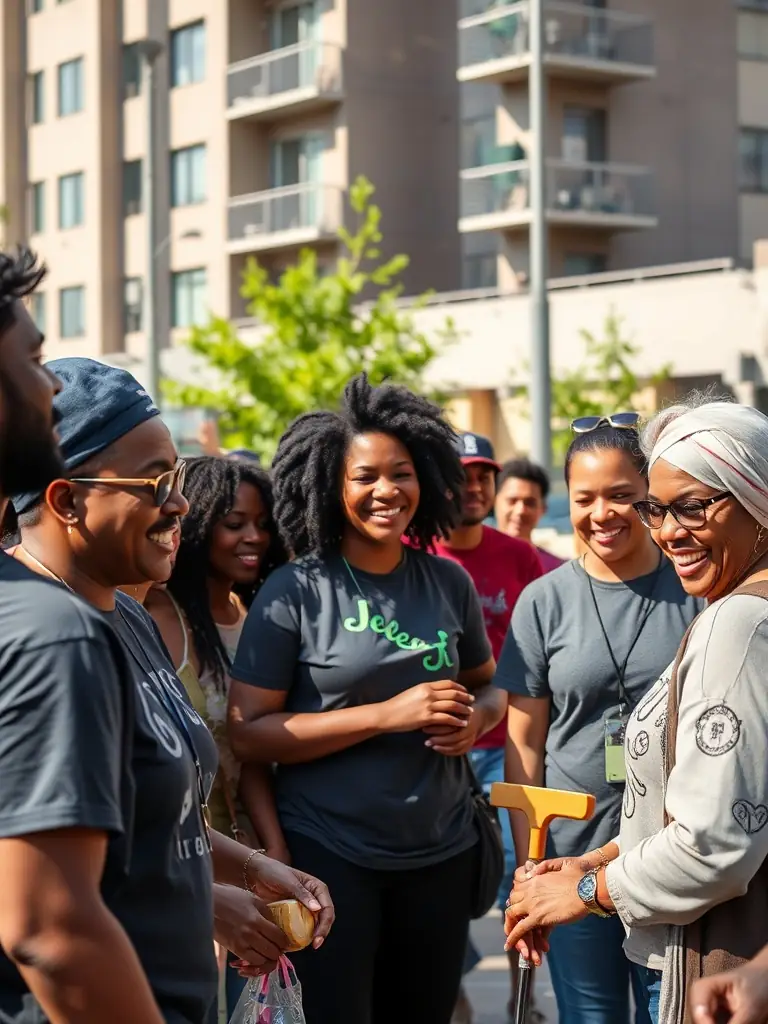 A heartwarming photo of a community event where URBAN SANDWEDGES CREW is engaging with local residents, promoting active lifestyles and social interaction through street golf.