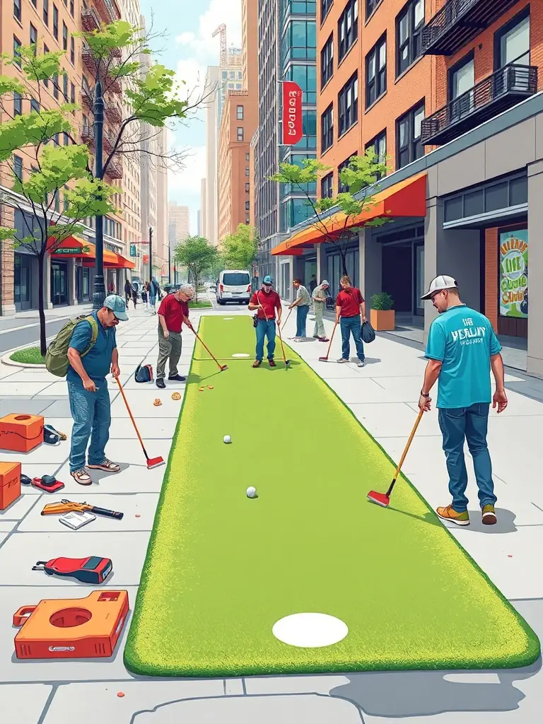 A picture of volunteers setting up a street golf course in a public space, emphasizing the collaborative effort behind the organization's activities.
