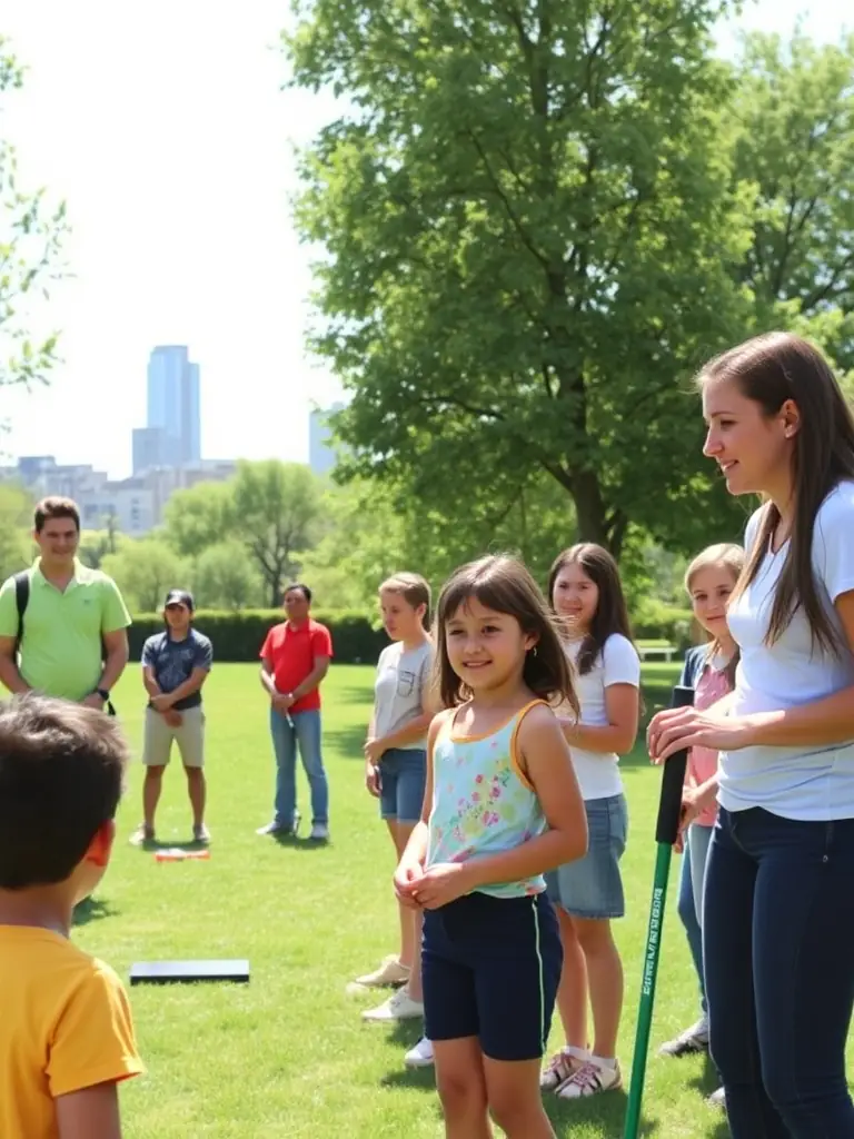 A photo of a community outreach event where URBAN SANDWEDGES CREW is teaching street golf to local youth in a park.