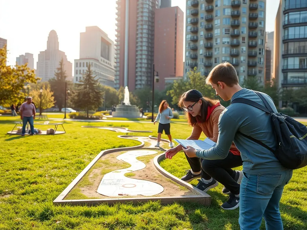 An inspiring image of young adults collaborating on a street golf course design, emphasizing creativity and teamwork.
