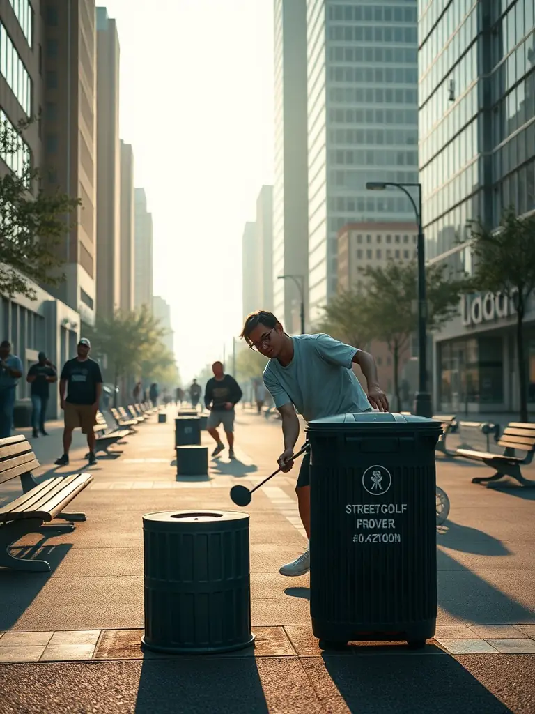 A dynamic image of a street golf tournament in an urban setting, with players navigating obstacles and enjoying the competitive spirit.