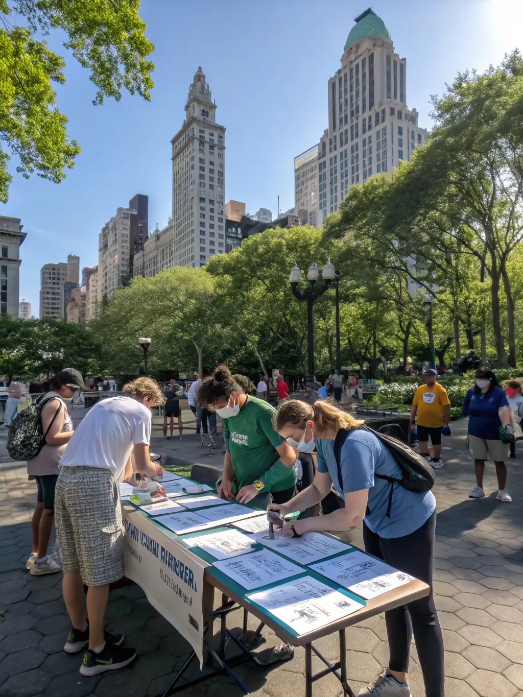 A visually appealing shot of a group of volunteers setting up a street golf course in a public space, emphasizing the organization's commitment to enhancing urban environments.