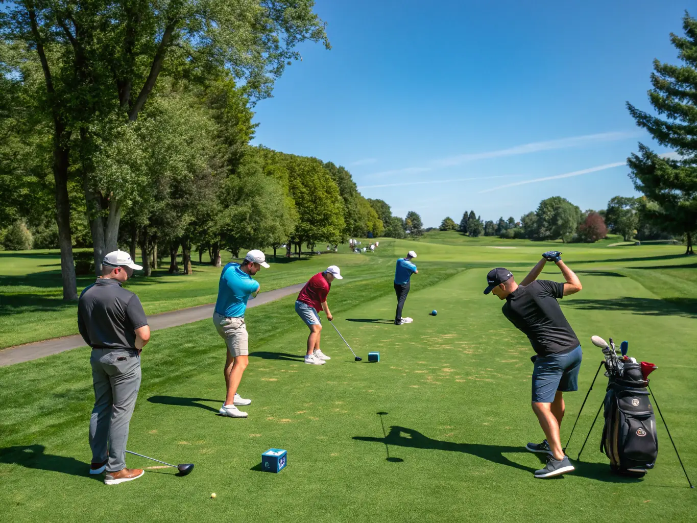 A dynamic image of participants learning street golf techniques during a workshop, with instructors providing guidance and support.