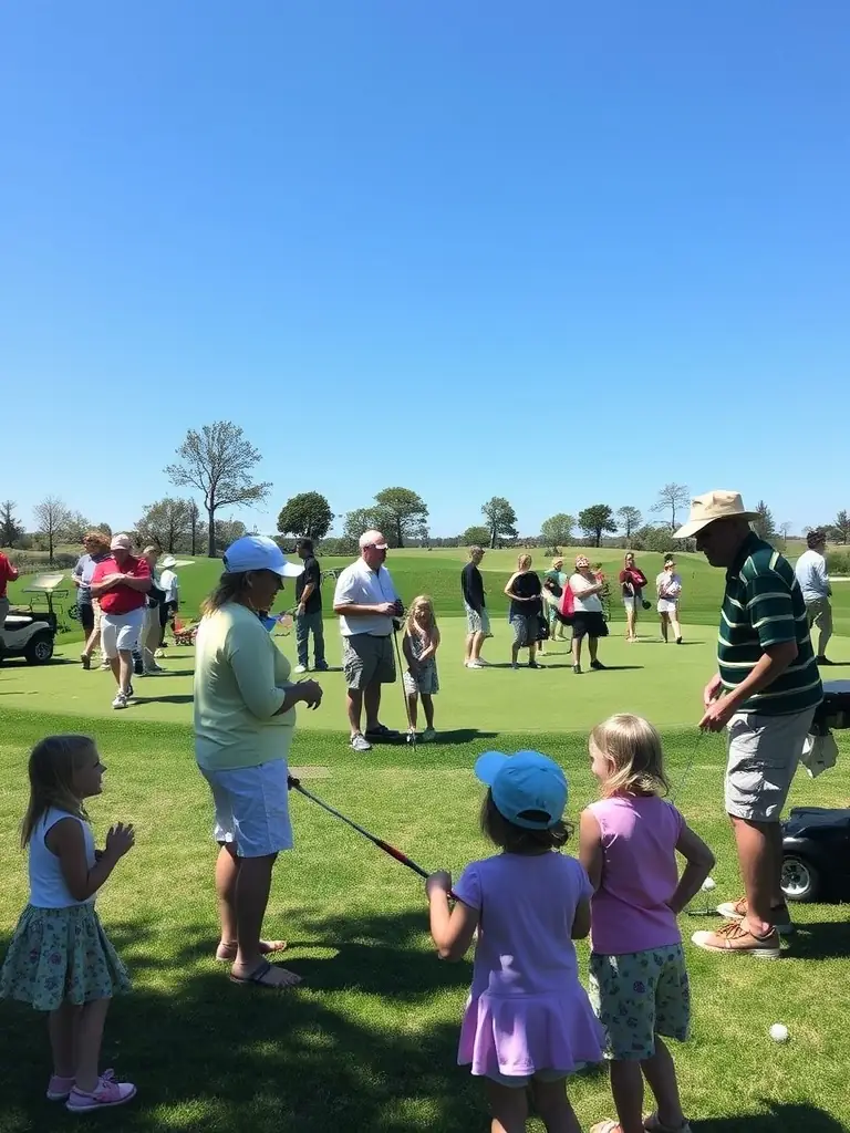 A vibrant photograph capturing a street golf workshop in Ploufragan, with participants of diverse ages learning putting techniques on an improvised green.